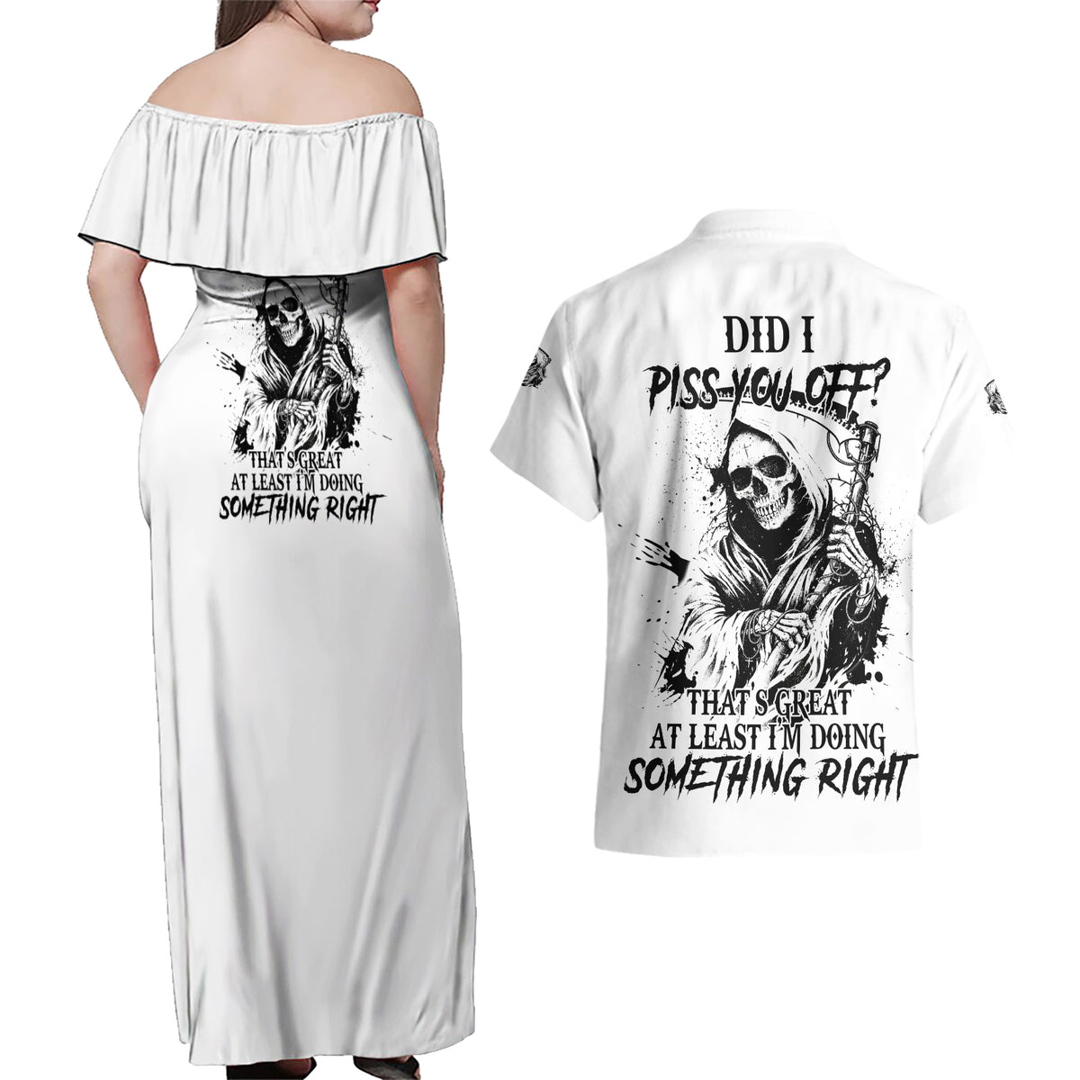 Did I Piss You Off Skull Reaper Couples Matching Off Shoulder Maxi Dress and Hawaiian Shirt - Wonder Print Shop
