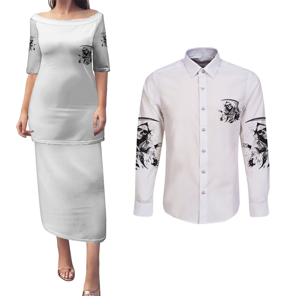 Did I Piss You Off Skull Reaper Couples Matching Puletasi Dress and Long Sleeve Button Shirt - Wonder Print Shop