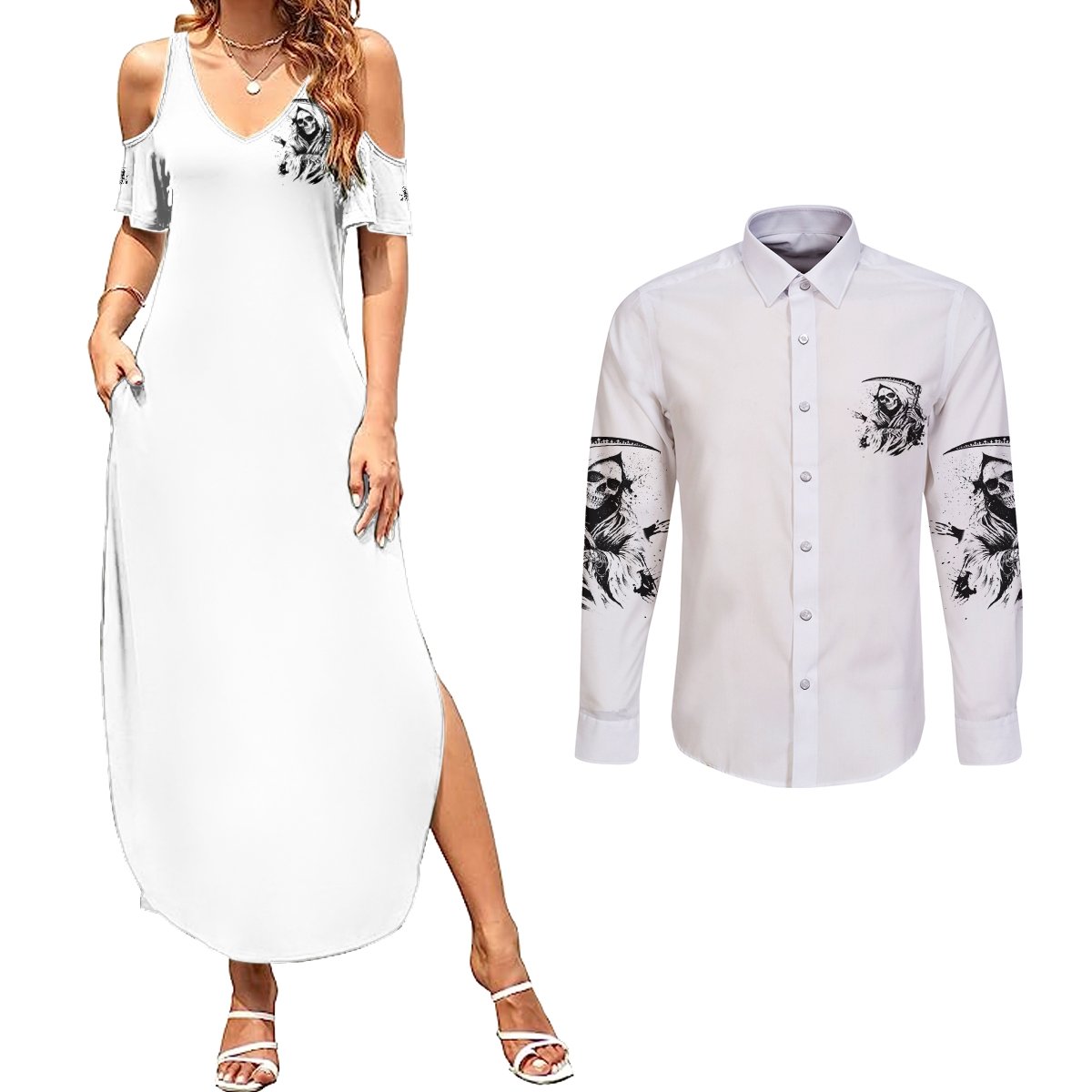Did I Piss You Off Skull Reaper Couples Matching Summer Maxi Dress and Long Sleeve Button Shirt - Wonder Print Shop