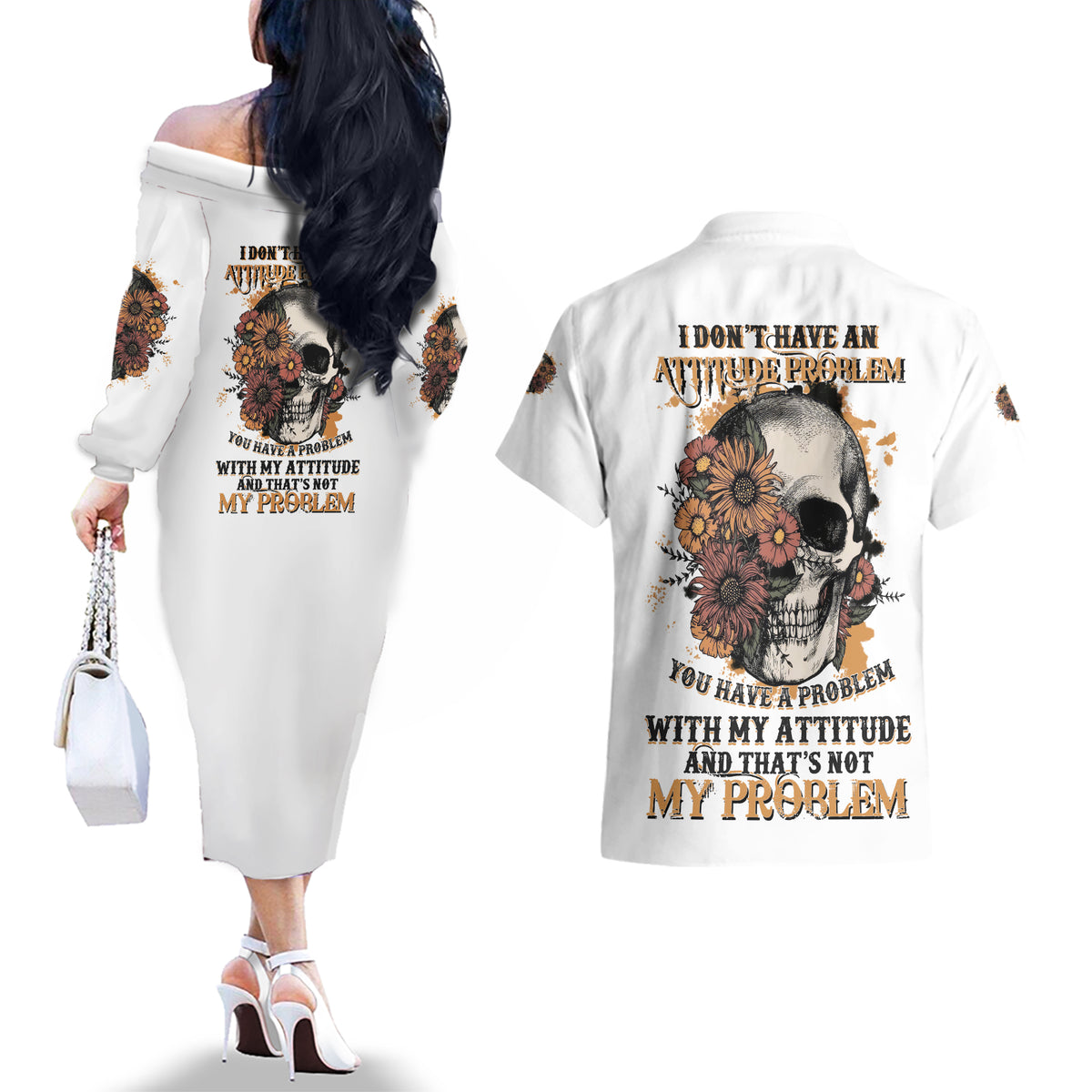 I Don't Have An Attitude Problem Couples Matching Off The Shoulder Long Sleeve Dress and Hawaiian Shirt - Wonder Print Shop