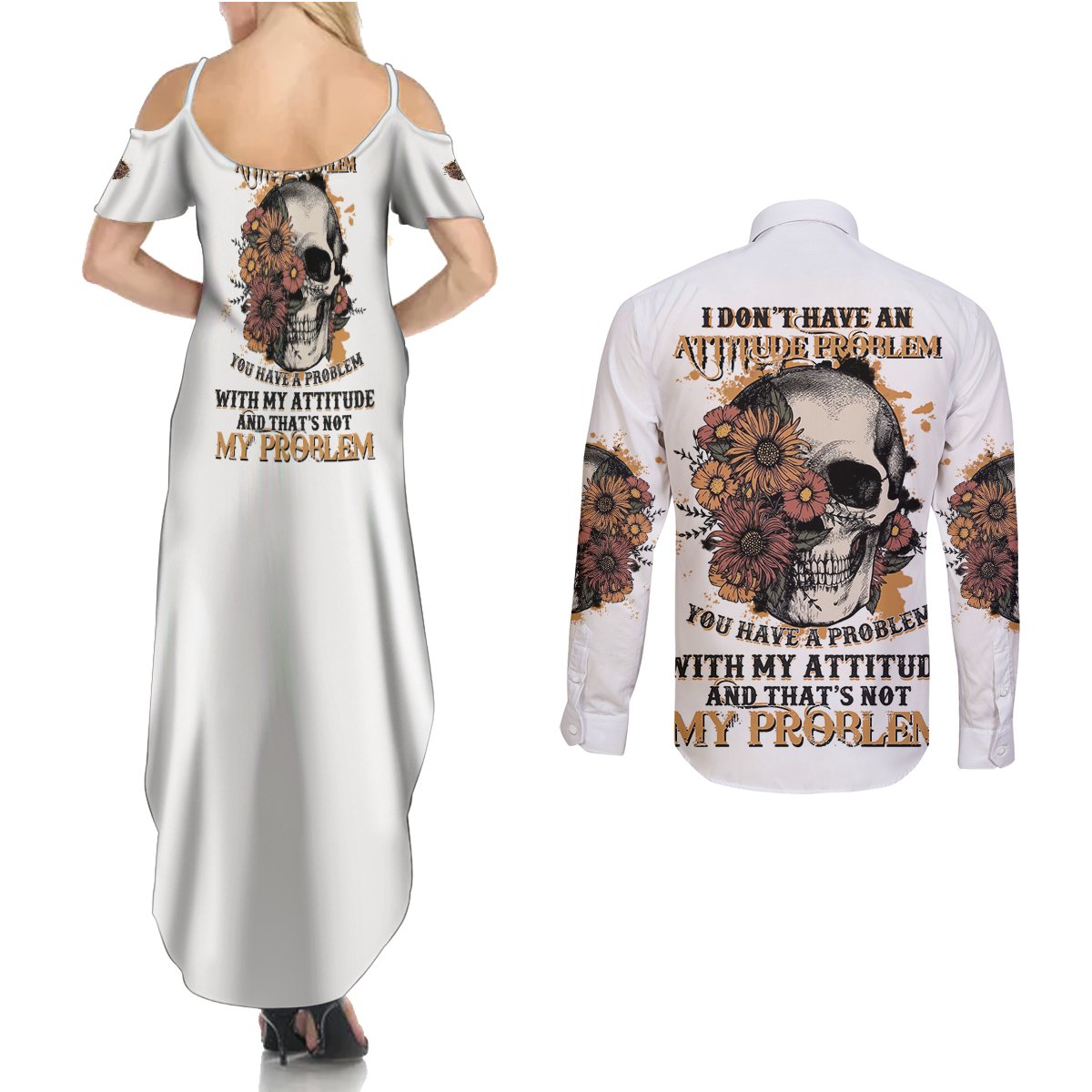 I Don't Have An Attitude Problem Couples Matching Summer Maxi Dress and Long Sleeve Button Shirt - Wonder Print Shop