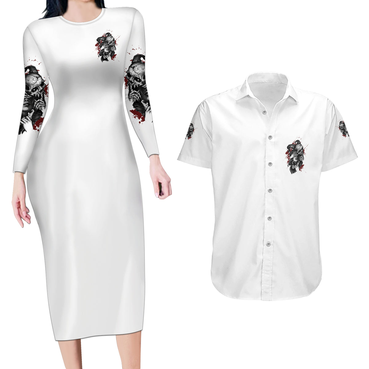 Love Me Like My Demons Do Skull Couples Matching Long Sleeve Bodycon Dress and Hawaiian Shirt - Wonder Print Shop