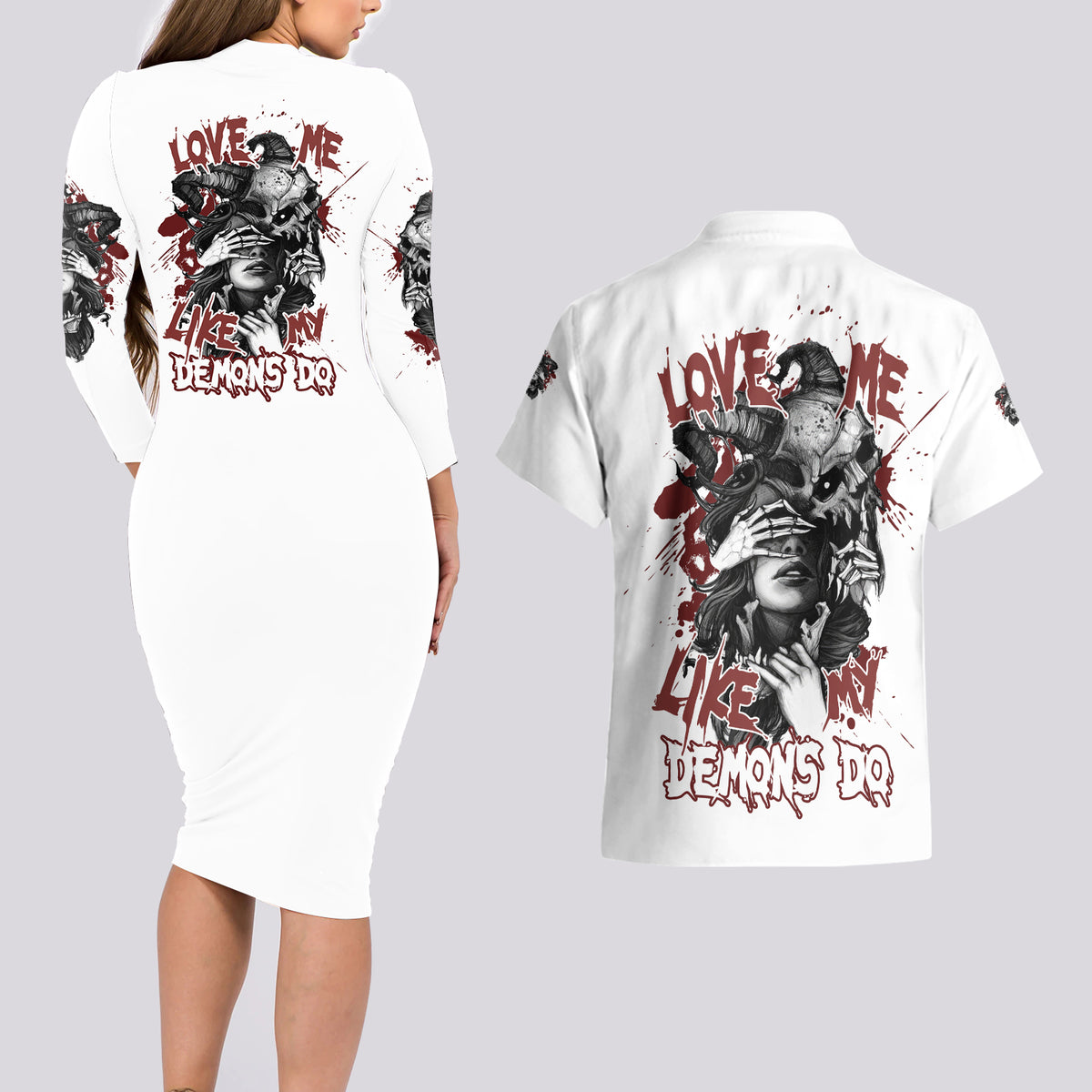 Love Me Like My Demons Do Skull Couples Matching Long Sleeve Bodycon Dress and Hawaiian Shirt - Wonder Print Shop