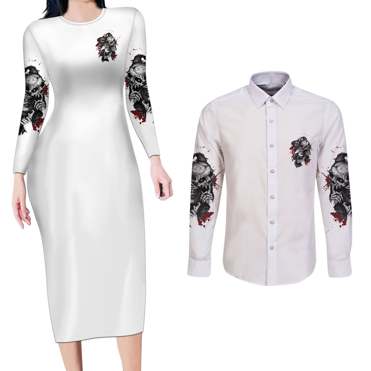 Love Me Like My Demons Do Skull Couples Matching Long Sleeve Bodycon Dress and Long Sleeve Button Shirt - Wonder Print Shop