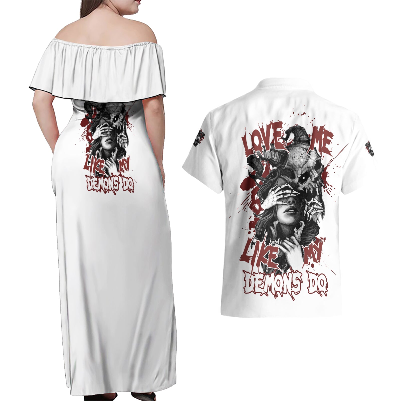 Love Me Like My Demons Do Skull Couples Matching Off Shoulder Maxi Dress and Hawaiian Shirt - Wonder Print Shop
