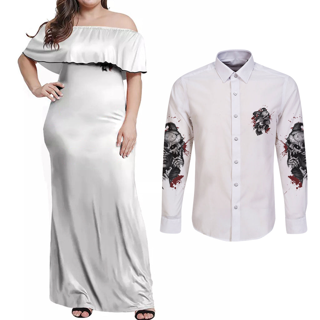Love Me Like My Demons Do Skull Couples Matching Off Shoulder Maxi Dress and Long Sleeve Button Shirt - Wonder Print Shop