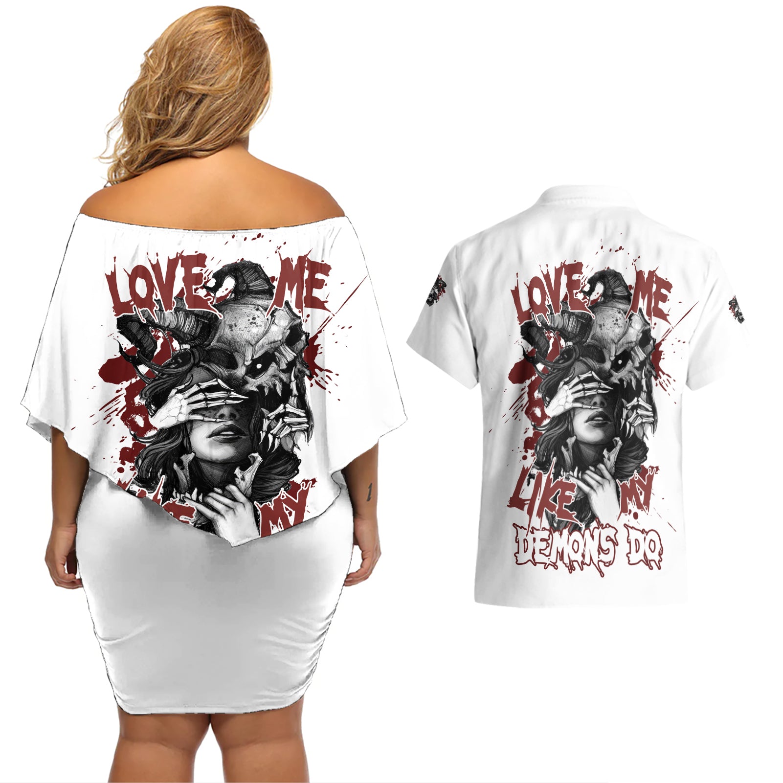 Love Me Like My Demons Do Skull Couples Matching Off Shoulder Short Dress and Hawaiian Shirt - Wonder Print Shop