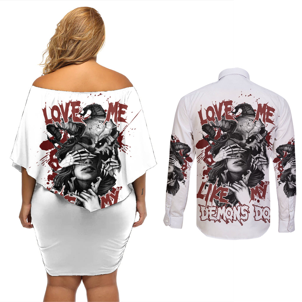 Love Me Like My Demons Do Skull Couples Matching Off Shoulder Short Dress and Long Sleeve Button Shirt - Wonder Print Shop