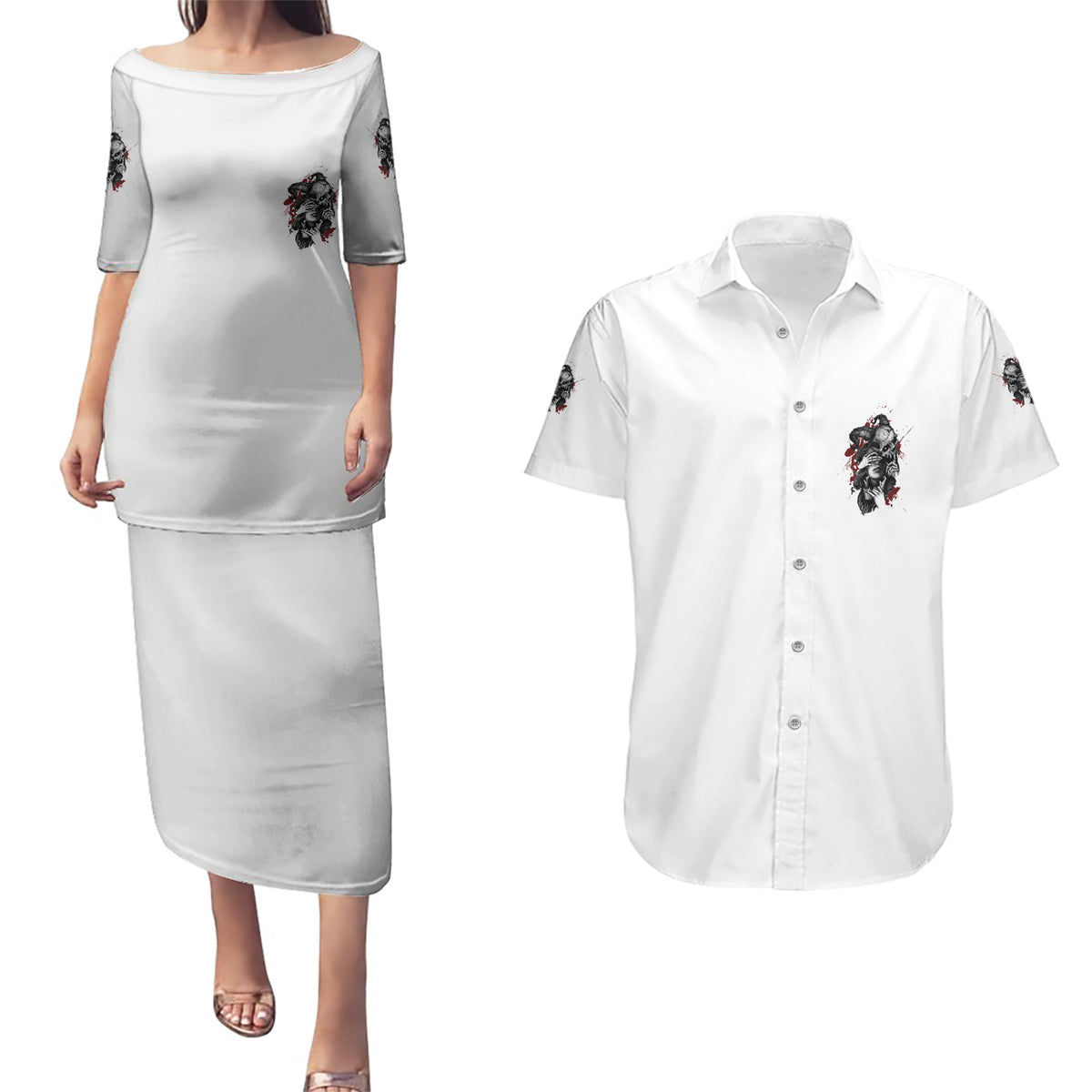 Love Me Like My Demons Do Skull Couples Matching Puletasi Dress and Hawaiian Shirt - Wonder Print Shop
