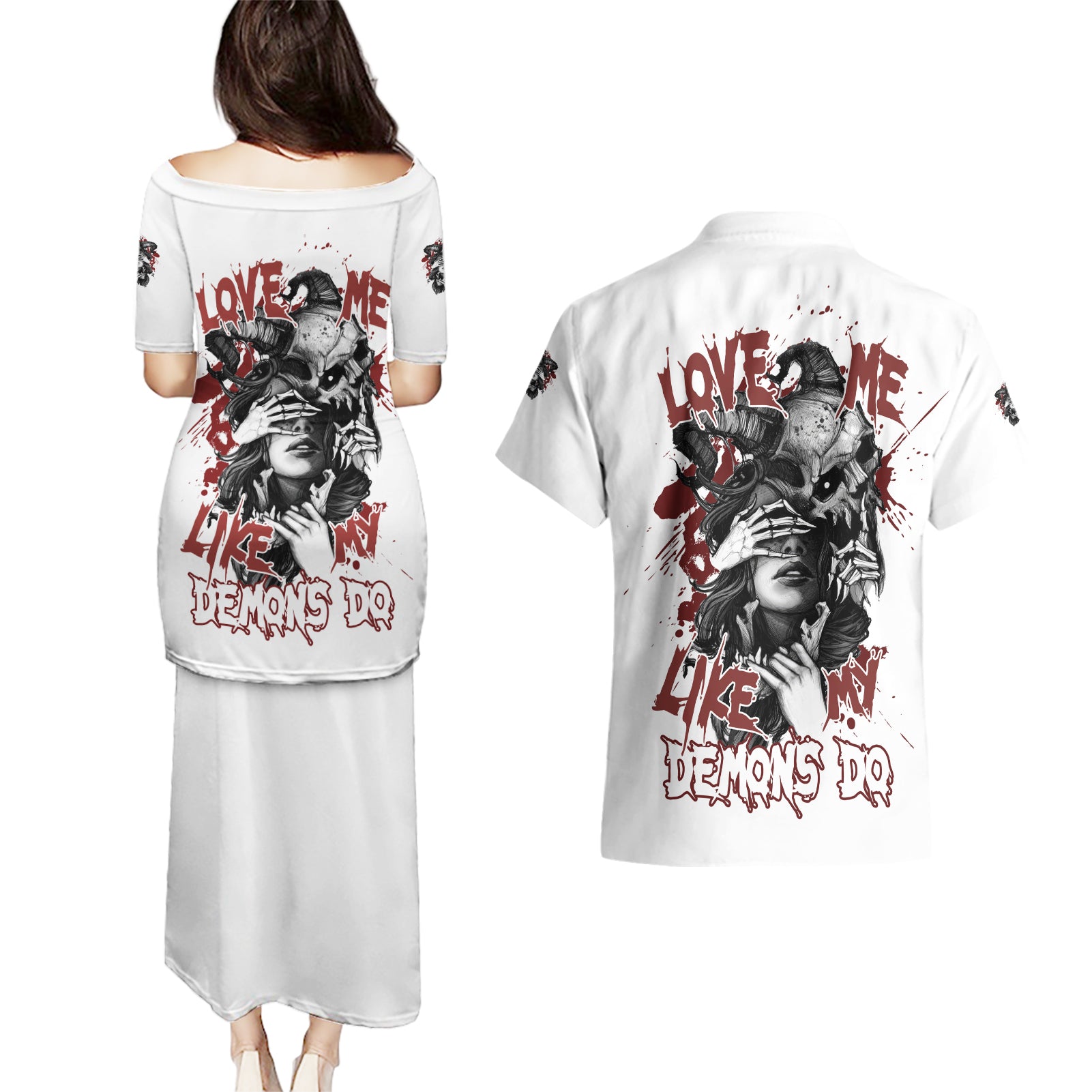 Love Me Like My Demons Do Skull Couples Matching Puletasi Dress and Hawaiian Shirt - Wonder Print Shop