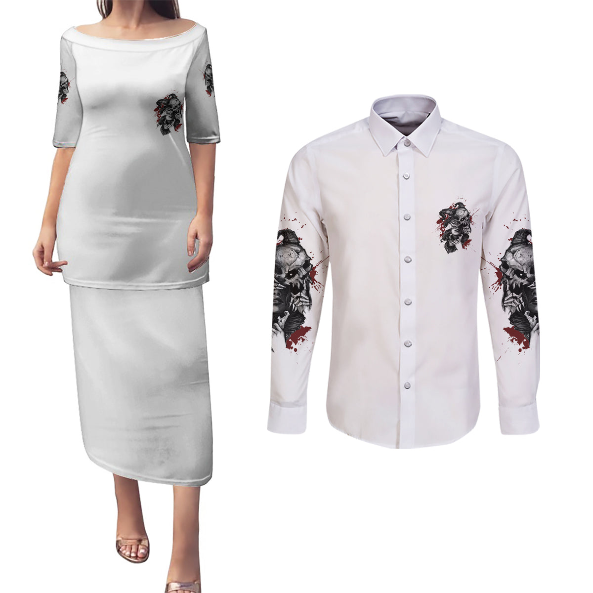 Love Me Like My Demons Do Skull Couples Matching Puletasi Dress and Long Sleeve Button Shirt - Wonder Print Shop