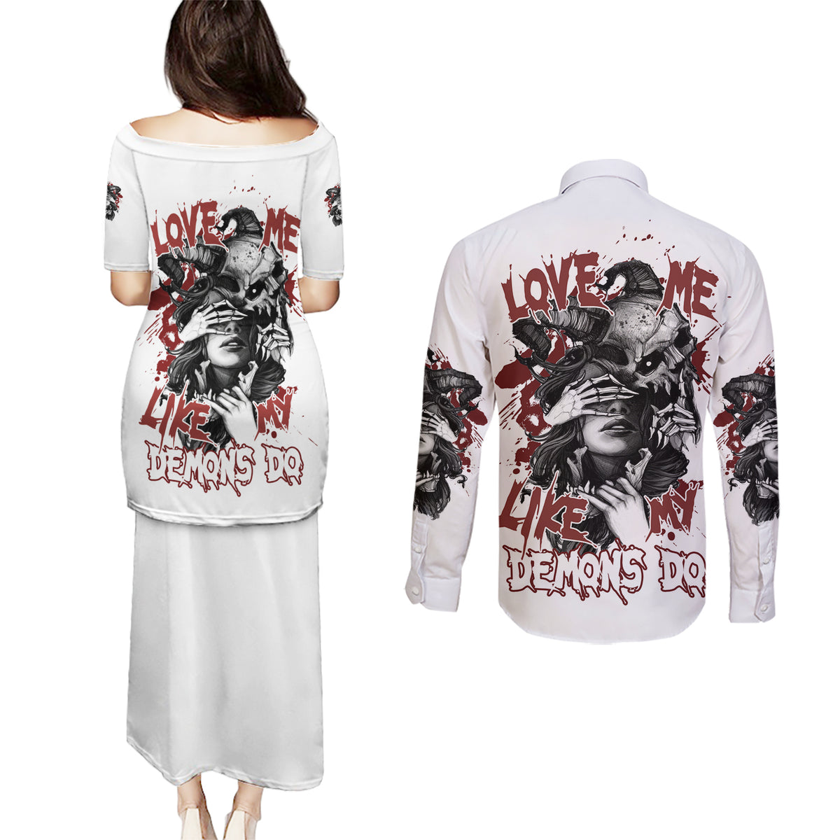 Love Me Like My Demons Do Skull Couples Matching Puletasi Dress and Long Sleeve Button Shirt - Wonder Print Shop