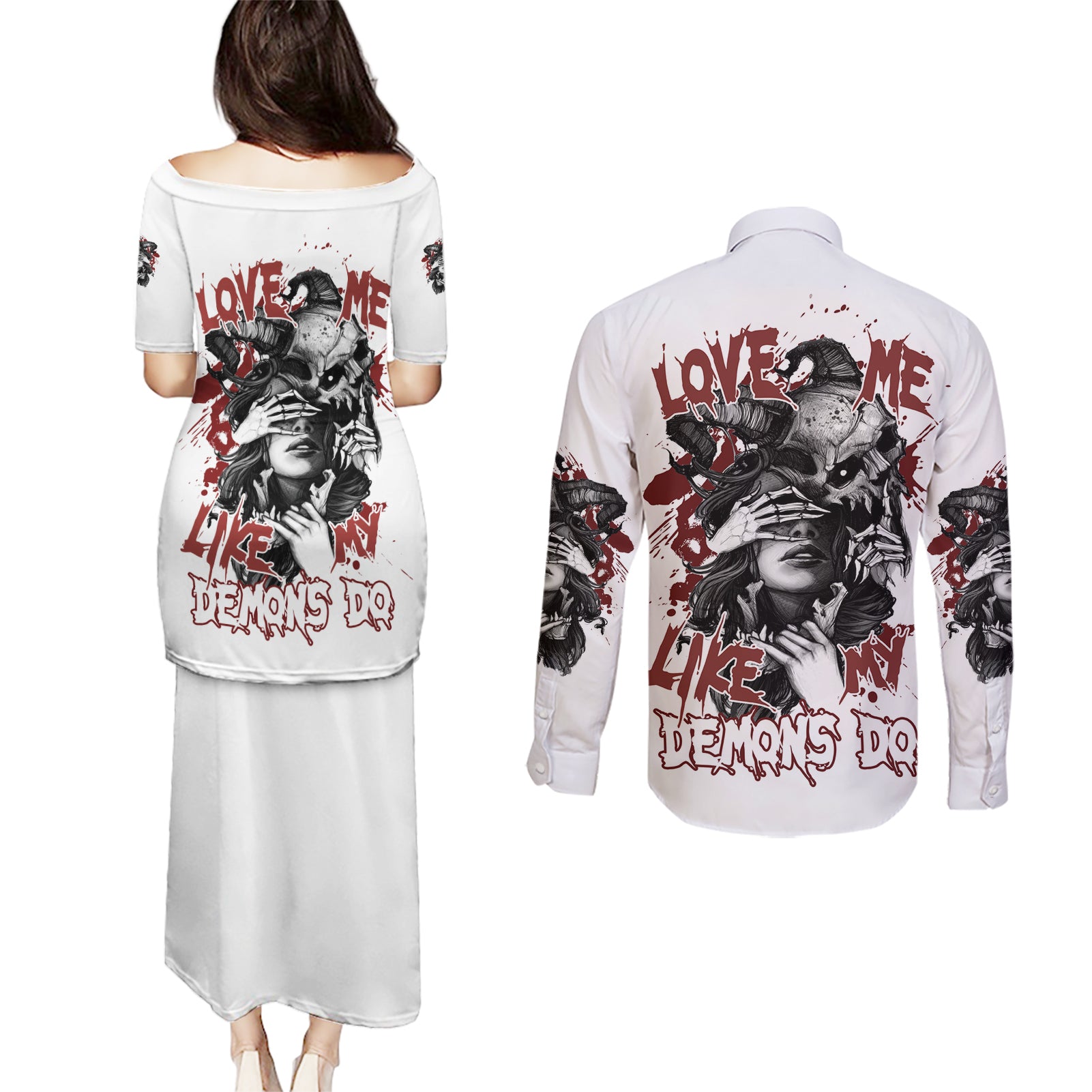 Love Me Like My Demons Do Skull Couples Matching Puletasi Dress and Long Sleeve Button Shirt - Wonder Print Shop