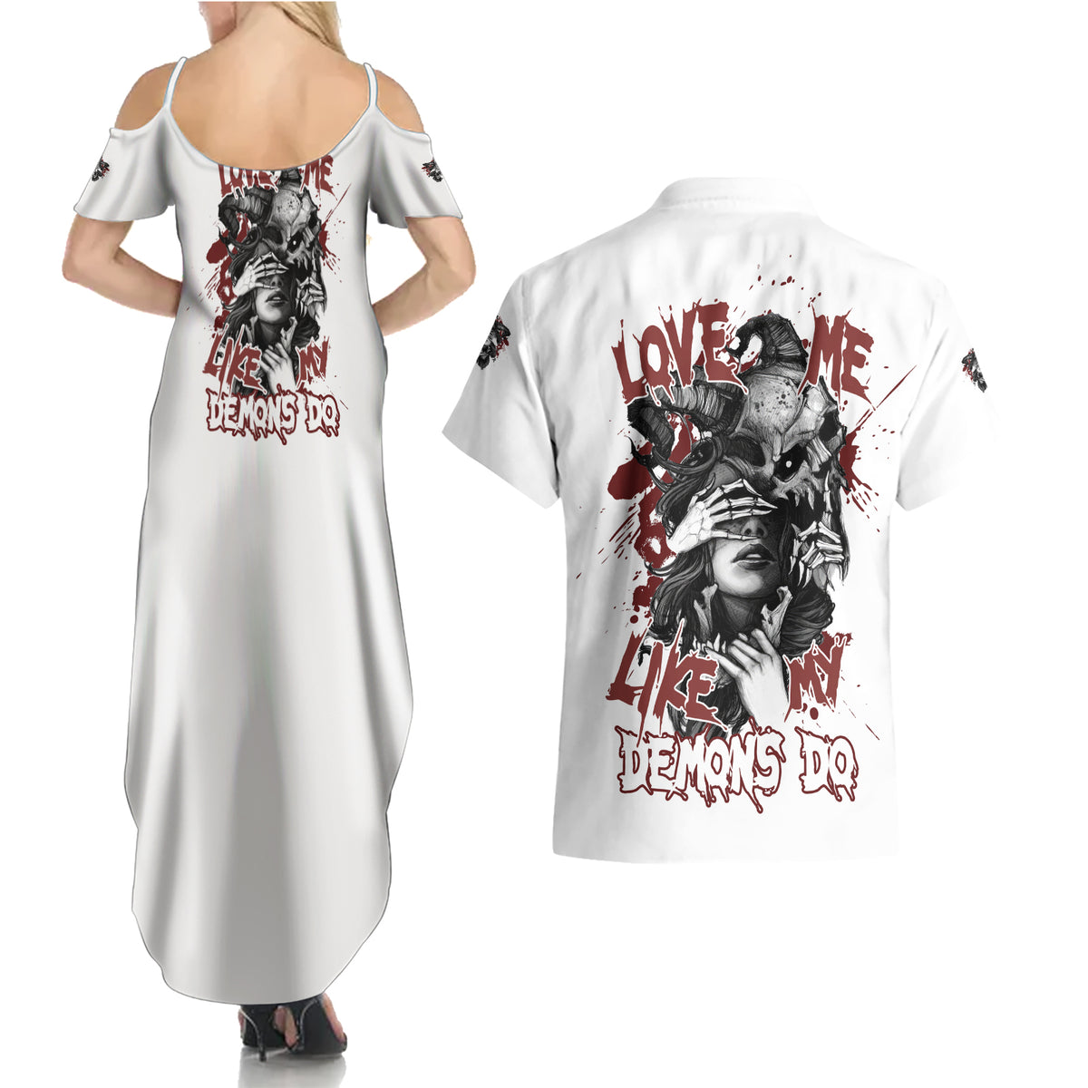 Love Me Like My Demons Do Skull Couples Matching Summer Maxi Dress and Hawaiian Shirt - Wonder Print Shop
