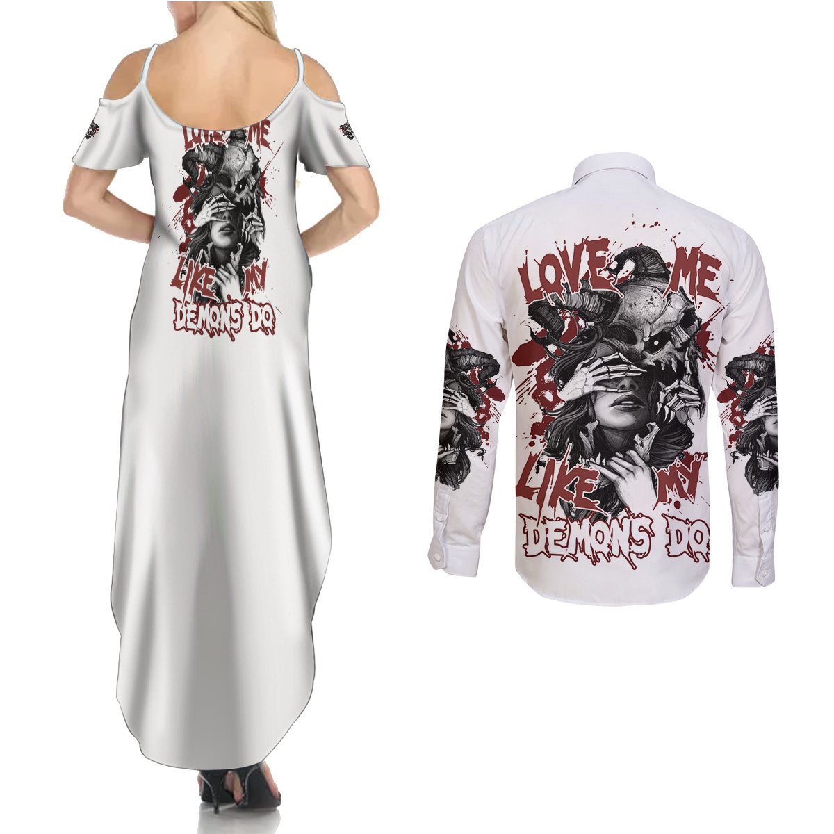 Love Me Like My Demons Do Skull Couples Matching Summer Maxi Dress and Long Sleeve Button Shirt - Wonder Print Shop