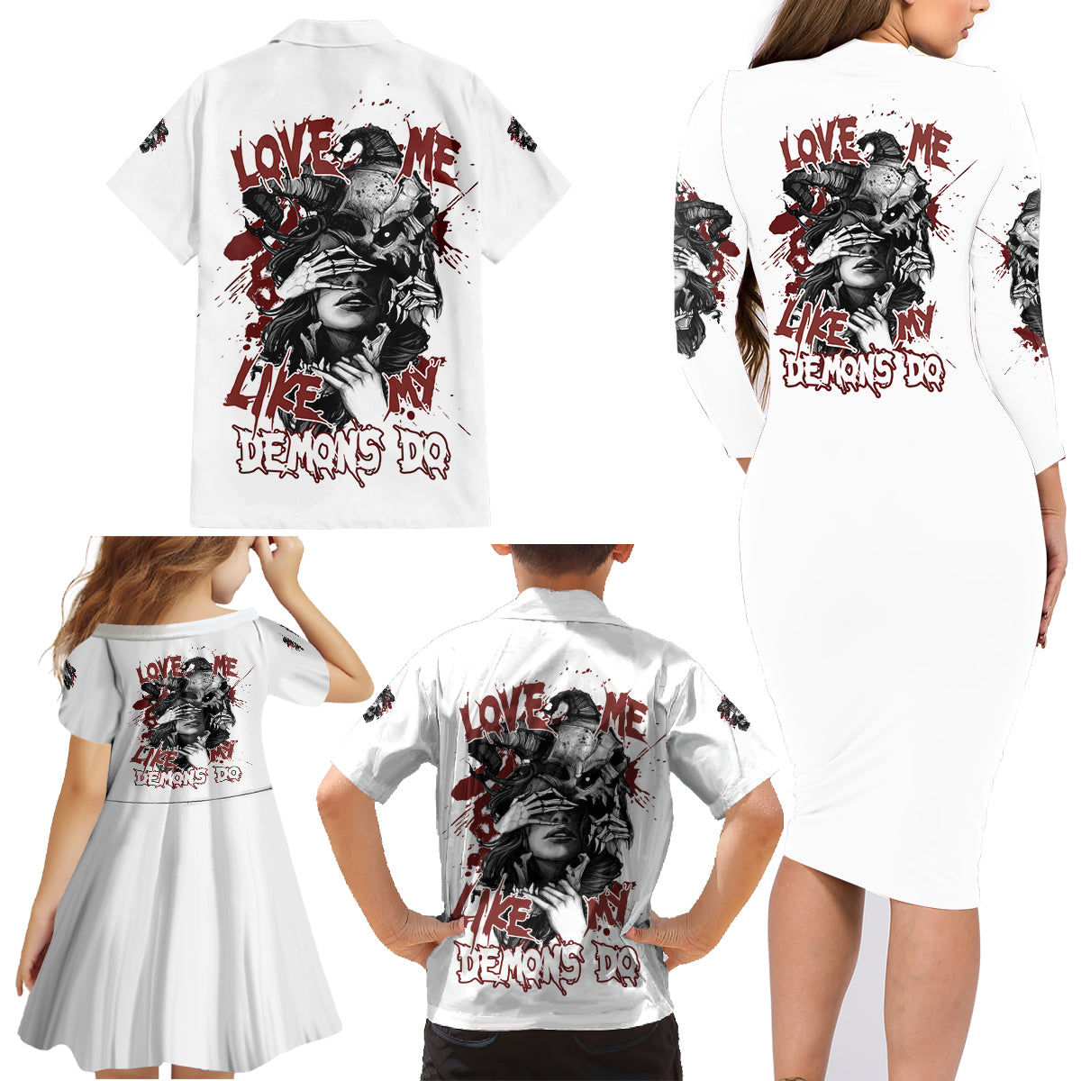 Love Me Like My Demons Do Skull Family Matching Long Sleeve Bodycon Dress and Hawaiian Shirt - Wonder Print Shop