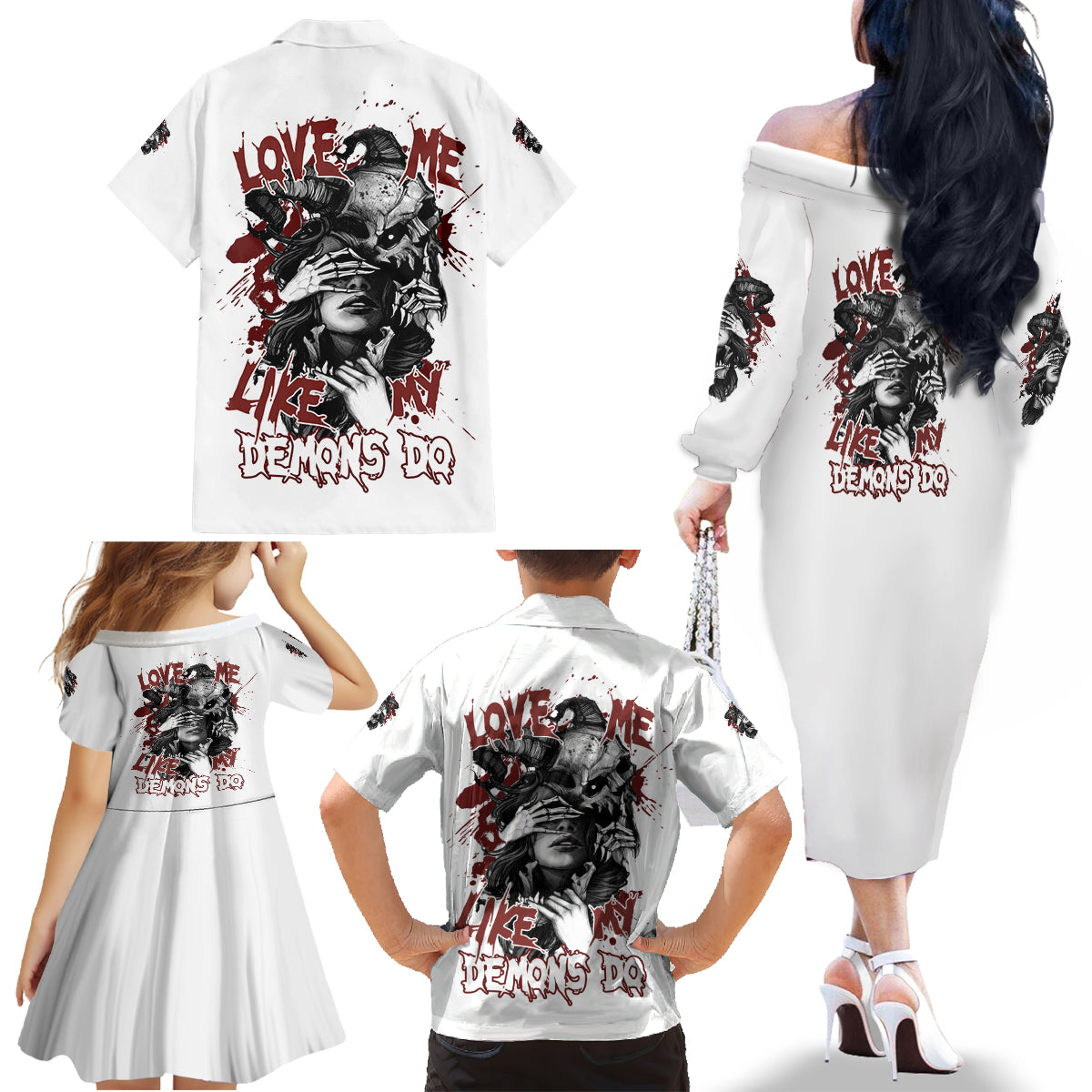 Love Me Like My Demons Do Skull Family Matching Off Shoulder Long Sleeve Dress and Hawaiian Shirt - Wonder Print Shop