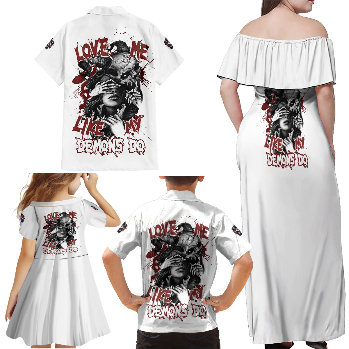 Love Me Like My Demons Do Skull Family Matching Off Shoulder Maxi Dress and Hawaiian Shirt - Wonder Print Shop