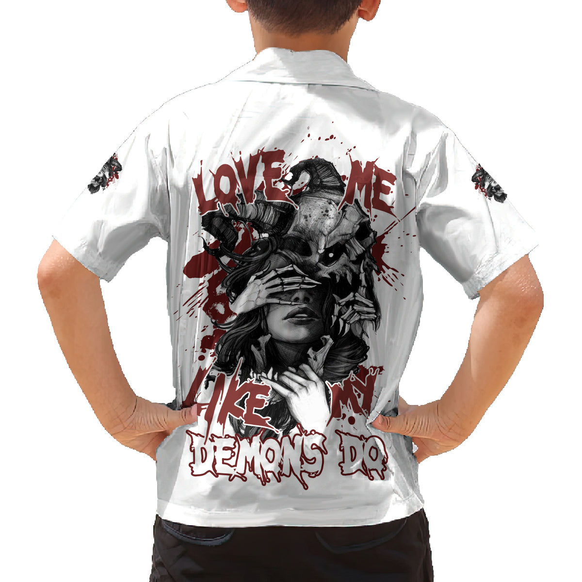 Love Me Like My Demons Do Skull Family Matching Off Shoulder Short Dress and Hawaiian Shirt - Wonder Print Shop
