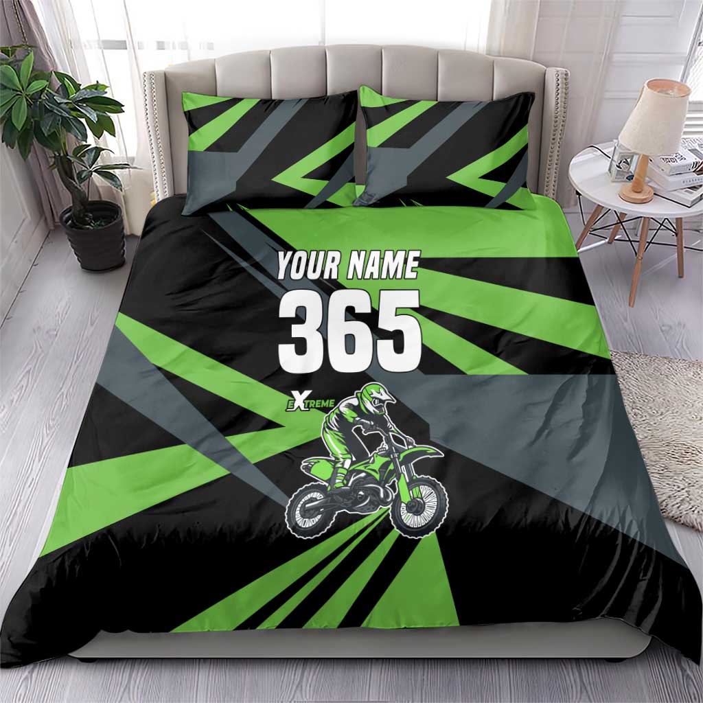 Custom Green Extreme Motocross Bedding Set Dirt Bike Rider Design - Wonder Print Shop