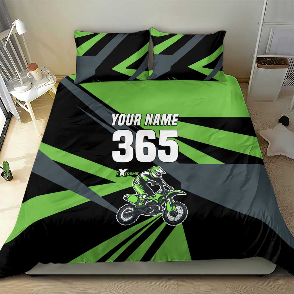 Custom Green Extreme Motocross Bedding Set Dirt Bike Rider Design - Wonder Print Shop