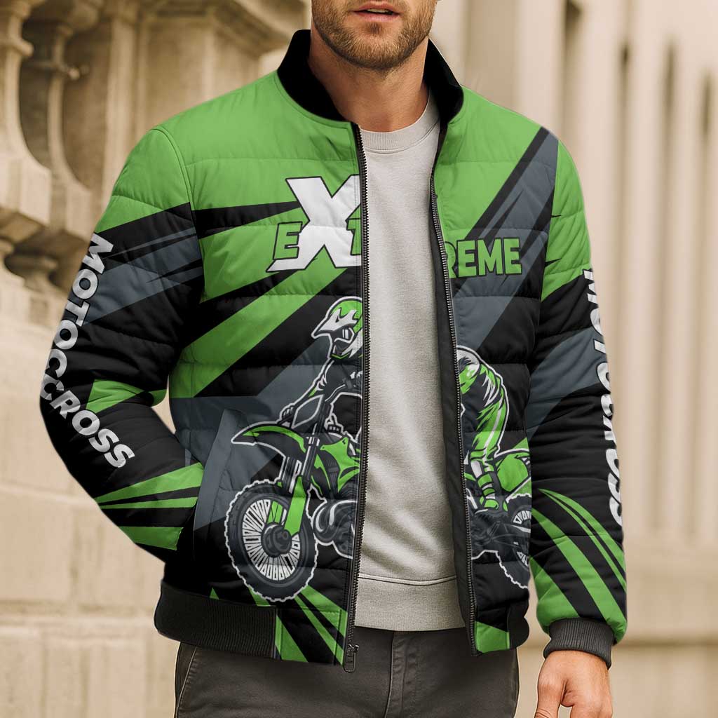 Custom Green Extreme Motocross Bomber Puffer Jacket Dirt Bike Rider Design - Wonder Print Shop