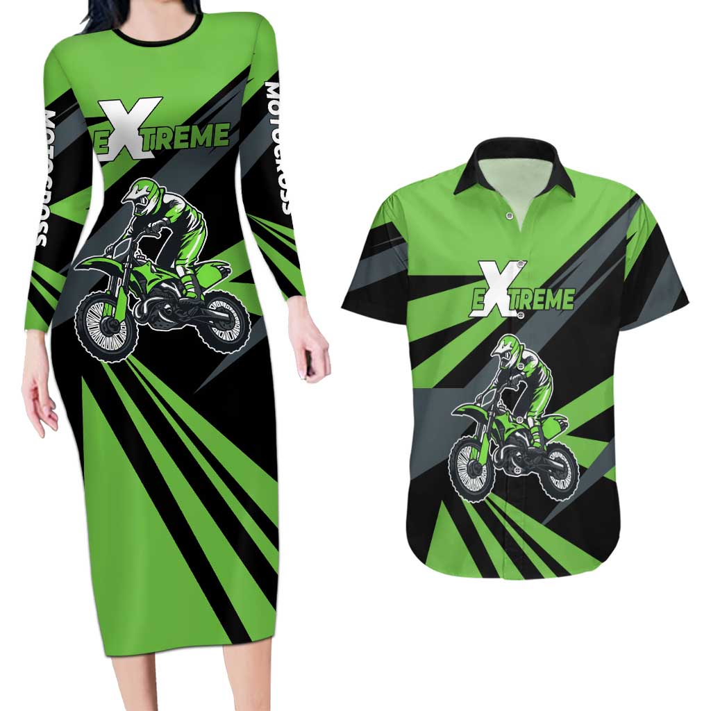 Custom Green Extreme Motocross Couples Matching Long Sleeve Bodycon Dress and Hawaiian Shirt Dirt Bike Rider Design - Wonder Print Shop