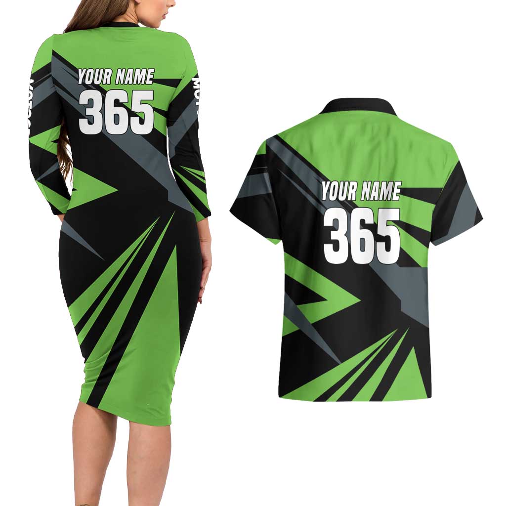 Custom Green Extreme Motocross Couples Matching Long Sleeve Bodycon Dress and Hawaiian Shirt Dirt Bike Rider Design - Wonder Print Shop