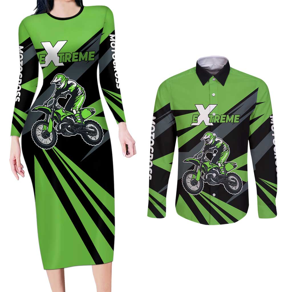 Custom Green Extreme Motocross Couples Matching Long Sleeve Bodycon Dress and Long Sleeve Button Shirt Dirt Bike Rider Design - Wonder Print Shop