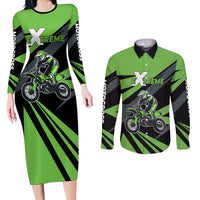 Custom Green Extreme Motocross Couples Matching Long Sleeve Bodycon Dress and Long Sleeve Button Shirt Dirt Bike Rider Design - Wonder Print Shop