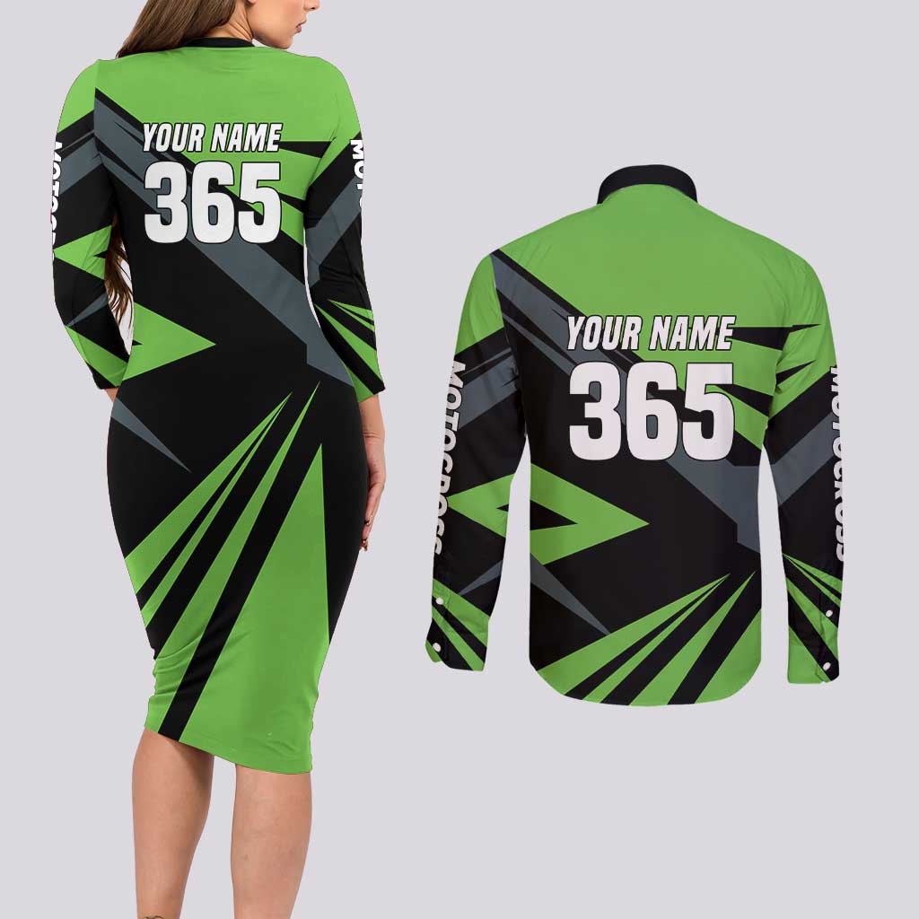 Custom Green Extreme Motocross Couples Matching Long Sleeve Bodycon Dress and Long Sleeve Button Shirt Dirt Bike Rider Design - Wonder Print Shop