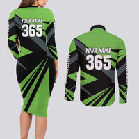 Custom Green Extreme Motocross Couples Matching Long Sleeve Bodycon Dress and Long Sleeve Button Shirt Dirt Bike Rider Design - Wonder Print Shop