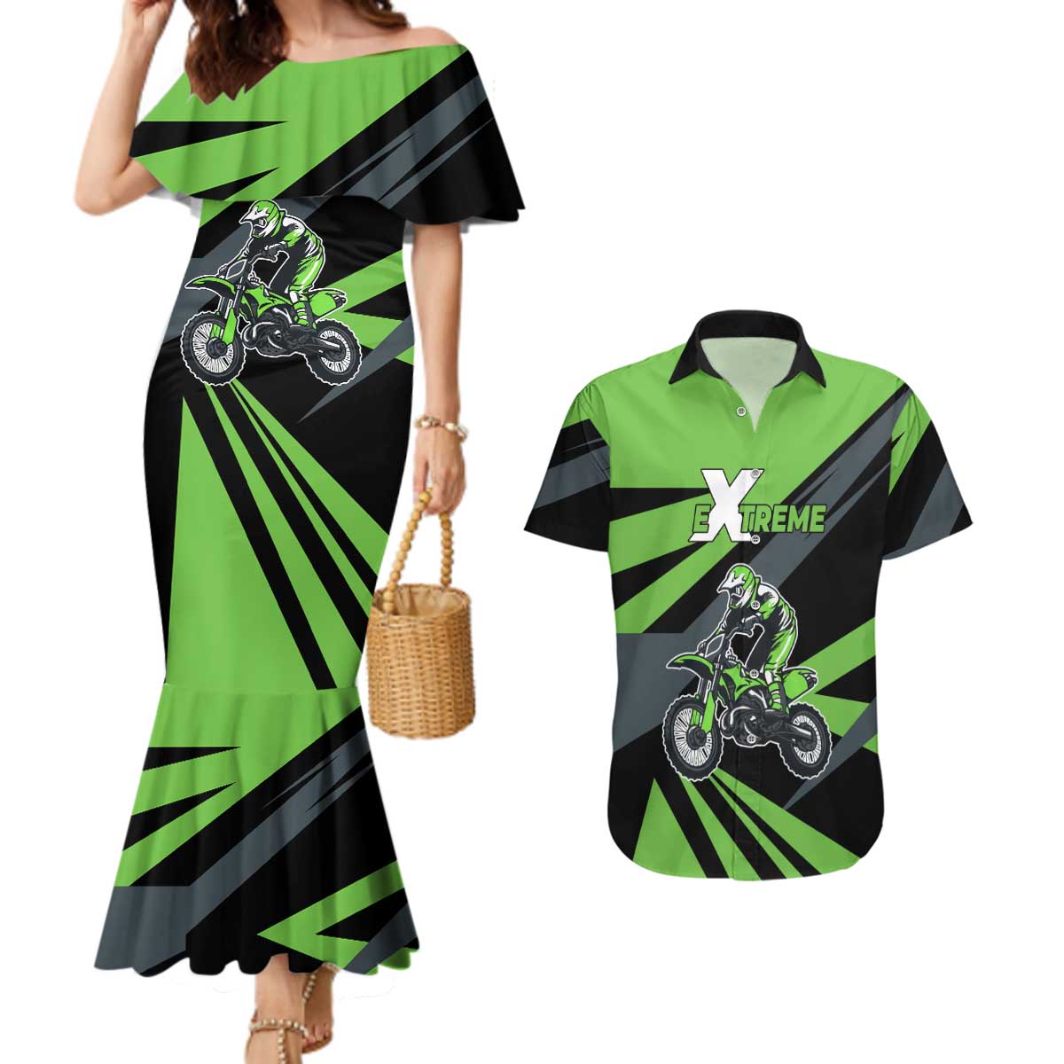 Custom Green Extreme Motocross Couples Matching Mermaid Dress and Hawaiian Shirt Dirt Bike Rider Design - Wonder Print Shop