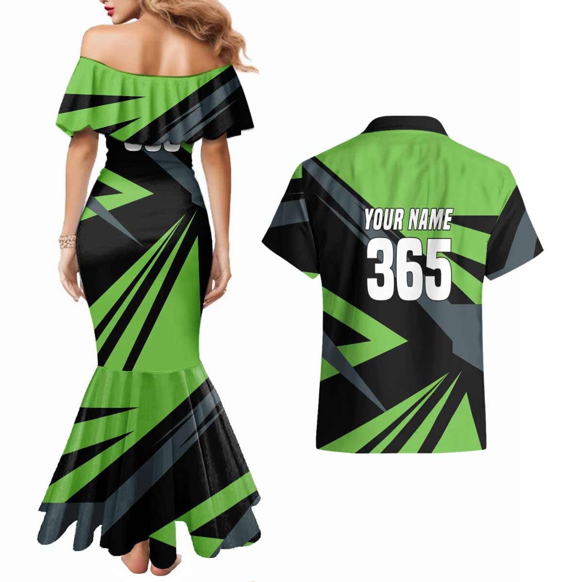 Custom Green Extreme Motocross Couples Matching Mermaid Dress and Hawaiian Shirt Dirt Bike Rider Design - Wonder Print Shop