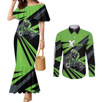 Custom Green Extreme Motocross Couples Matching Mermaid Dress and Long Sleeve Button Shirt Dirt Bike Rider Design - Wonder Print Shop