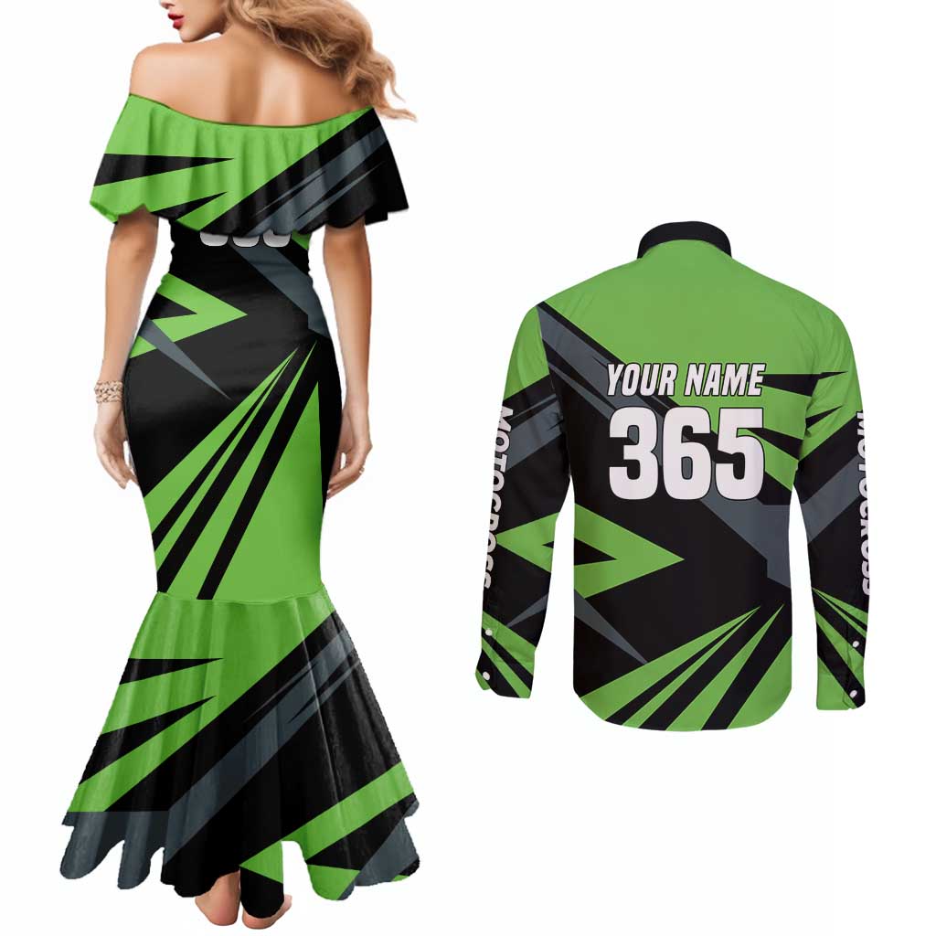 Custom Green Extreme Motocross Couples Matching Mermaid Dress and Long Sleeve Button Shirt Dirt Bike Rider Design - Wonder Print Shop
