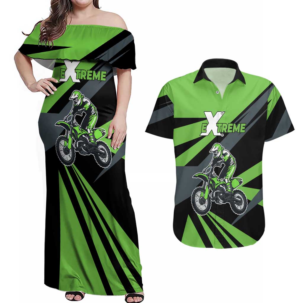 Custom Green Extreme Motocross Couples Matching Off Shoulder Maxi Dress and Hawaiian Shirt Dirt Bike Rider Design - Wonder Print Shop