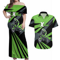 Custom Green Extreme Motocross Couples Matching Off Shoulder Maxi Dress and Hawaiian Shirt Dirt Bike Rider Design - Wonder Print Shop