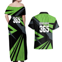 Custom Green Extreme Motocross Couples Matching Off Shoulder Maxi Dress and Hawaiian Shirt Dirt Bike Rider Design - Wonder Print Shop