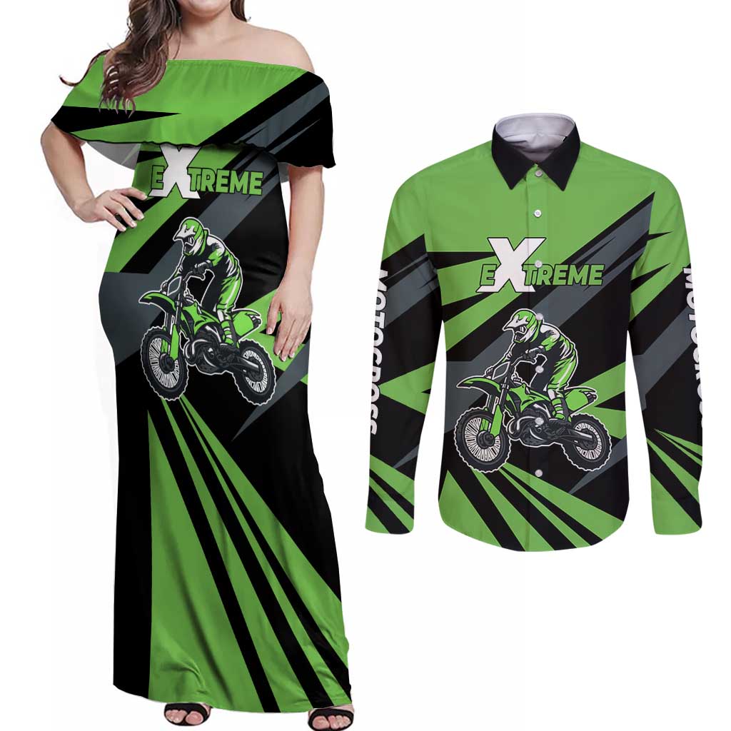 Custom Green Extreme Motocross Couples Matching Off Shoulder Maxi Dress and Long Sleeve Button Shirt Dirt Bike Rider Design - Wonder Print Shop