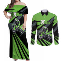 Custom Green Extreme Motocross Couples Matching Off Shoulder Maxi Dress and Long Sleeve Button Shirt Dirt Bike Rider Design - Wonder Print Shop