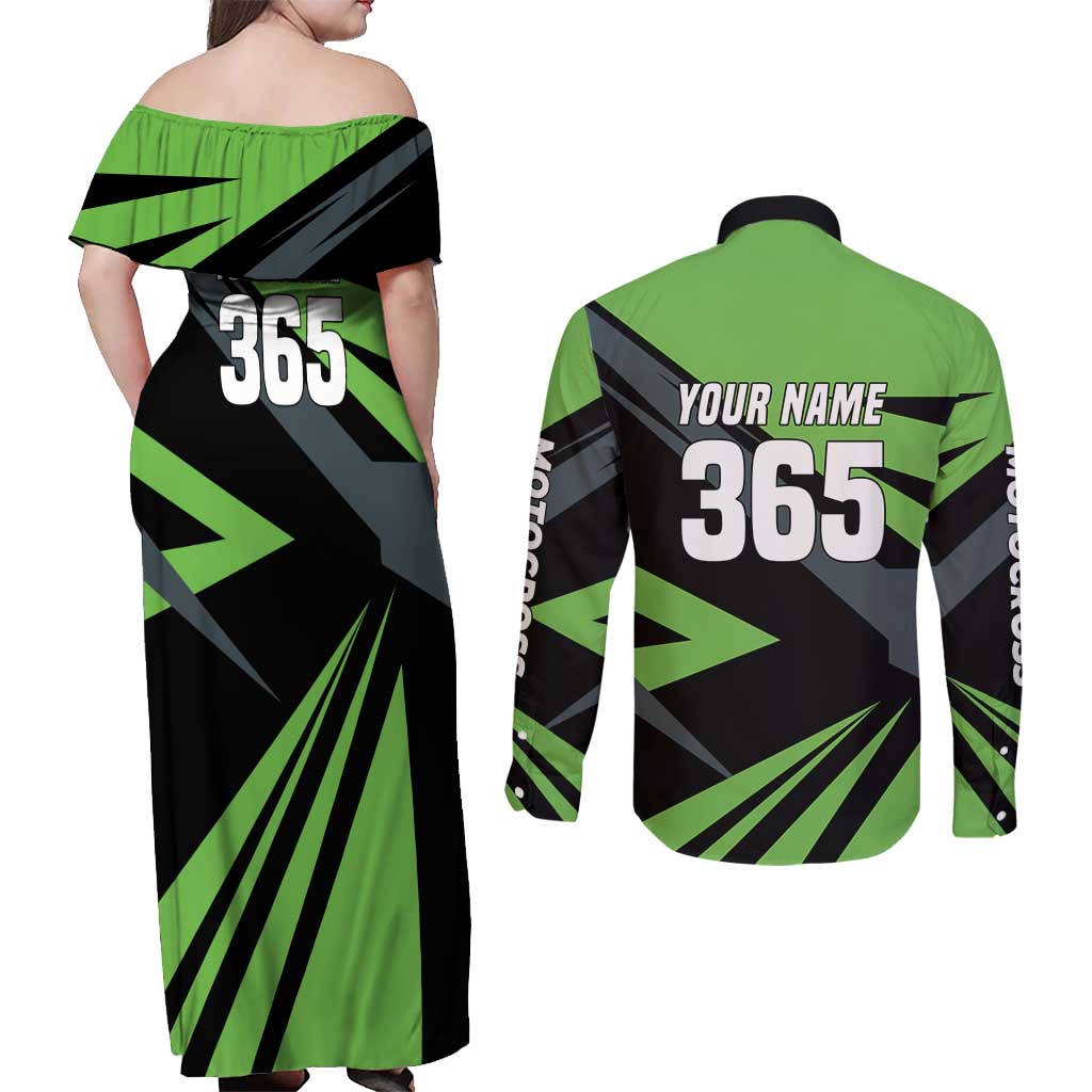 Custom Green Extreme Motocross Couples Matching Off Shoulder Maxi Dress and Long Sleeve Button Shirt Dirt Bike Rider Design - Wonder Print Shop