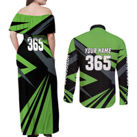 Custom Green Extreme Motocross Couples Matching Off Shoulder Maxi Dress and Long Sleeve Button Shirt Dirt Bike Rider Design - Wonder Print Shop