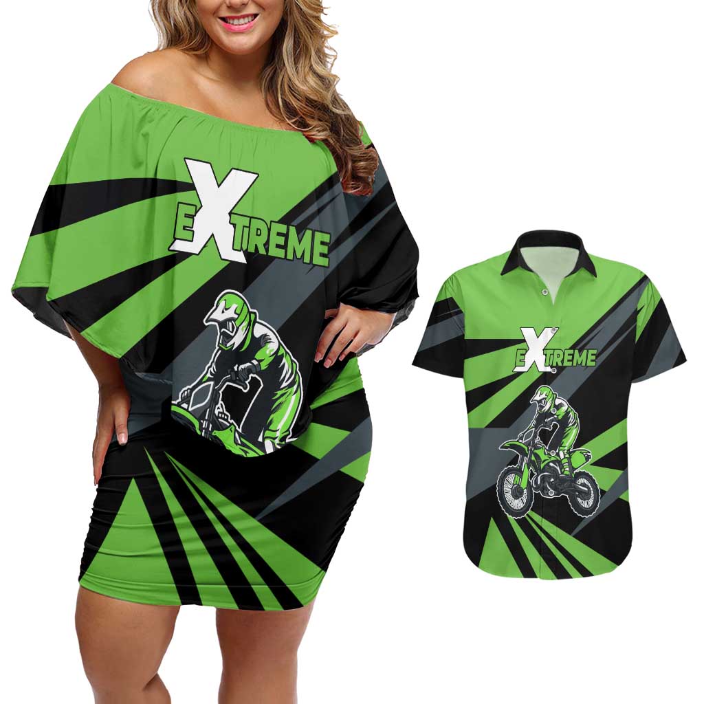 Custom Green Extreme Motocross Couples Matching Off Shoulder Short Dress and Hawaiian Shirt Dirt Bike Rider Design - Wonder Print Shop