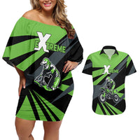 Custom Green Extreme Motocross Couples Matching Off Shoulder Short Dress and Hawaiian Shirt Dirt Bike Rider Design - Wonder Print Shop