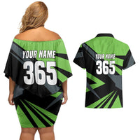 Custom Green Extreme Motocross Couples Matching Off Shoulder Short Dress and Hawaiian Shirt Dirt Bike Rider Design - Wonder Print Shop