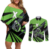Custom Green Extreme Motocross Couples Matching Off Shoulder Short Dress and Long Sleeve Button Shirt Dirt Bike Rider Design - Wonder Print Shop