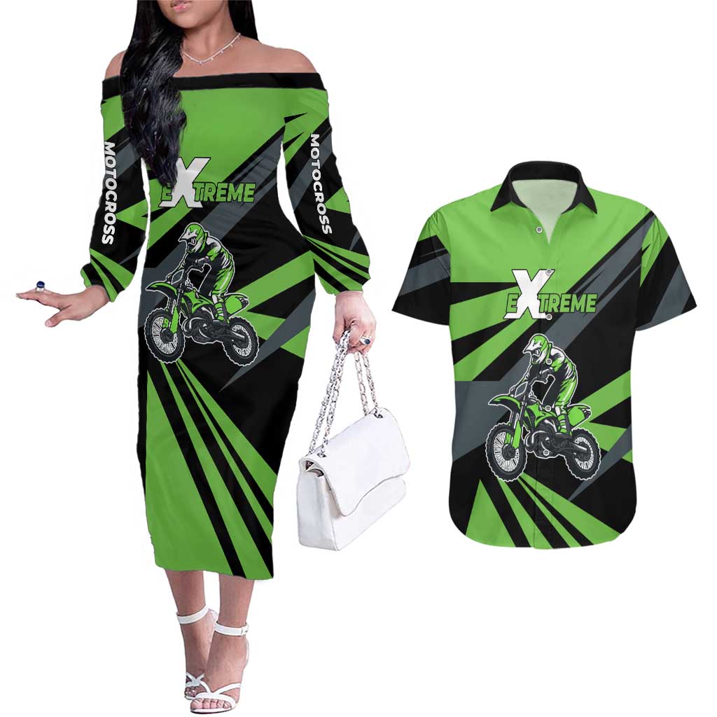 Custom Green Extreme Motocross Couples Matching Off The Shoulder Long Sleeve Dress and Hawaiian Shirt Dirt Bike Rider Design - Wonder Print Shop
