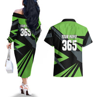 Custom Green Extreme Motocross Couples Matching Off The Shoulder Long Sleeve Dress and Hawaiian Shirt Dirt Bike Rider Design - Wonder Print Shop