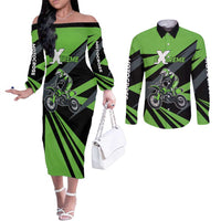 Custom Green Extreme Motocross Couples Matching Off The Shoulder Long Sleeve Dress and Long Sleeve Button Shirt Dirt Bike Rider Design - Wonder Print Shop